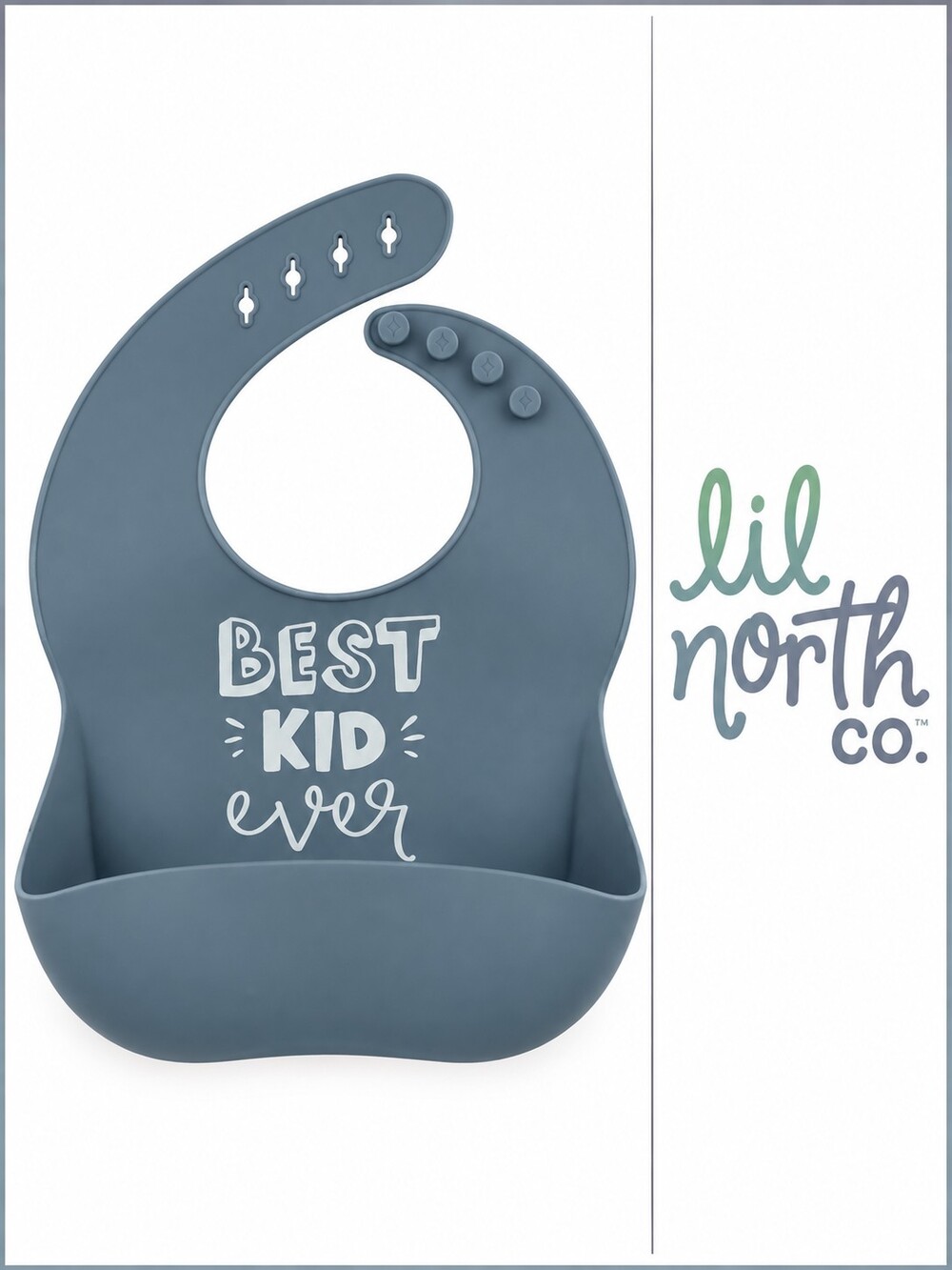 Lil North Co. “Best Kid Ever” Silicone Baby Bib – Blue/Grey – New